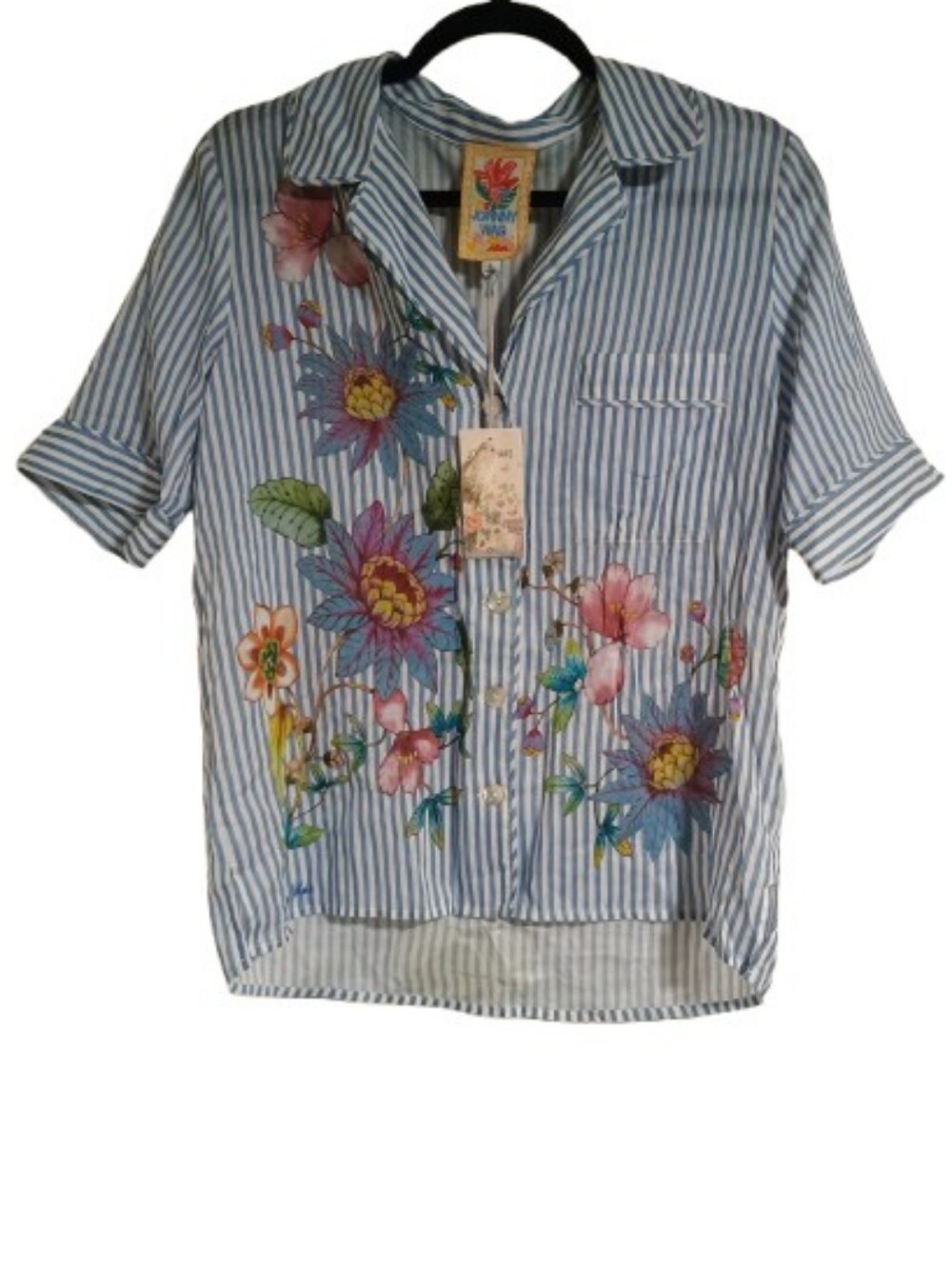 Johnny Was NWT Floral Embroidered Striped Button Front Shirt Size S